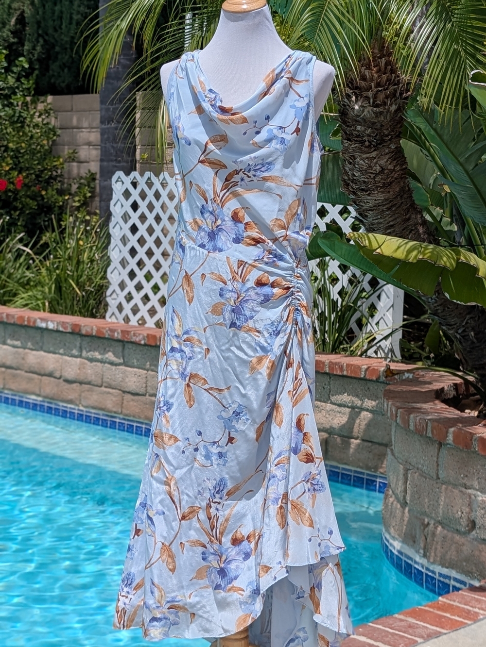 White House Black Market Blue and Tan Floral High-Low Dress